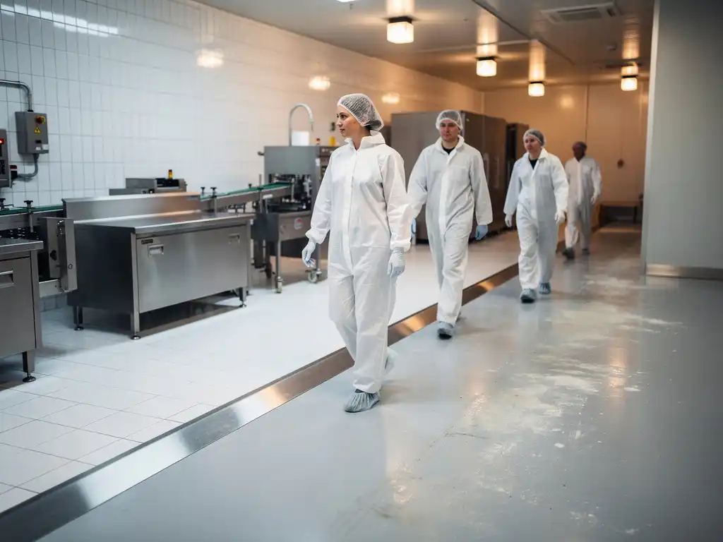 Lebensmittelproduktionsanlage mit Edelstahl-Schwellenprofil auf Epoxidboden, der Reinraum und Übergangsbereich trennt, Mitarbeiter in weißen Hygieneschutzanzügen.
