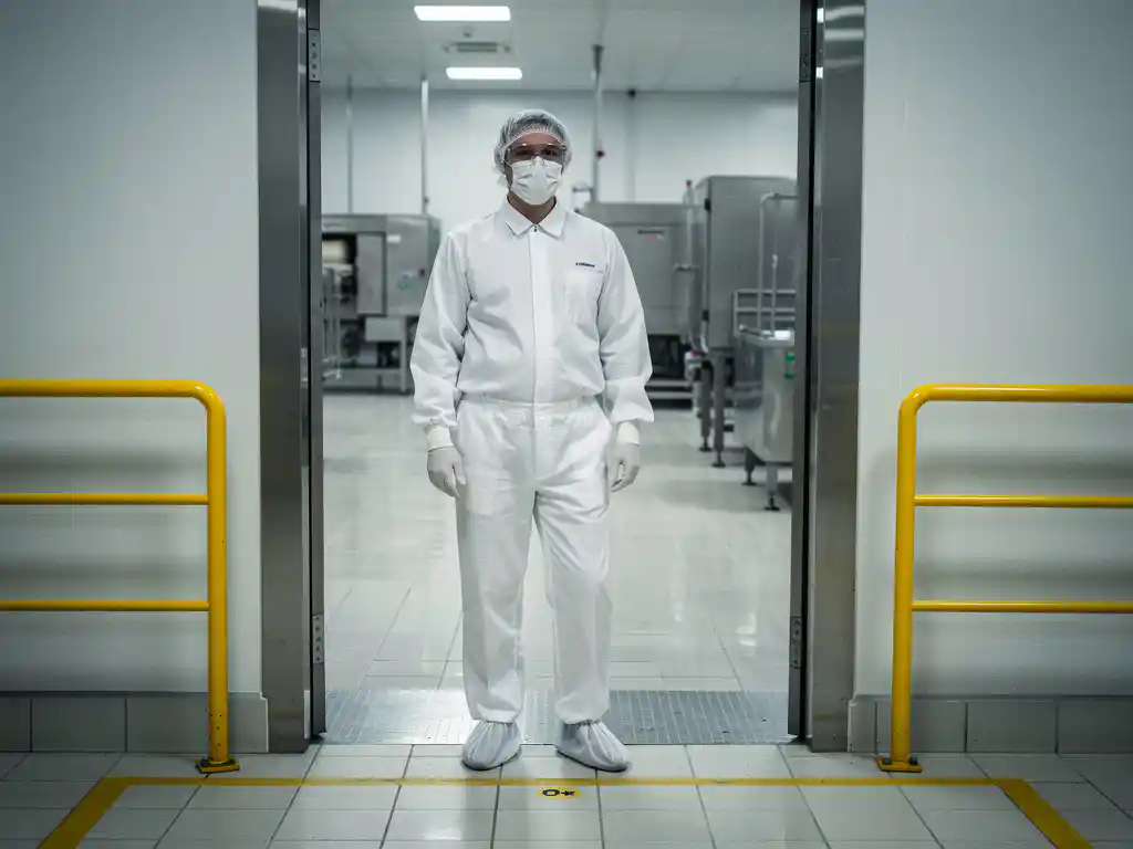 Lebensmittelarbeiter in weißer Schutzkleidung an der Eingangsschleuse einer sterilen Produktionshalle mit Edelstahlboden.