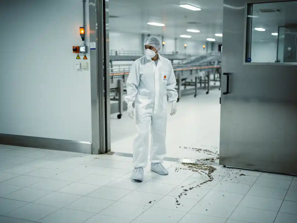 Lebensmittelarbeiter in weißer Schutzkleidung an steriler Edelstahl-Eingangsschleuse einer Produktionshalle.