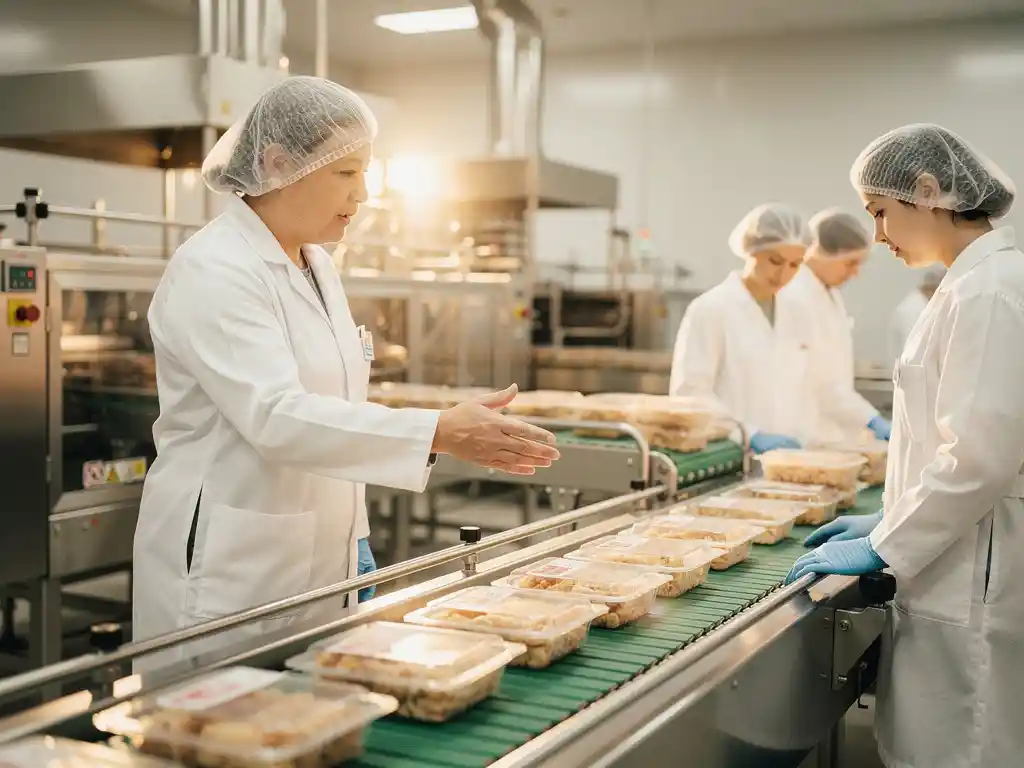 Lebensmittelproduktionsleiterin in weißem Kittel und Haarnetz leitet Team bei der Qualitätskontrolle versiegelter Verpackungen am Förderband.