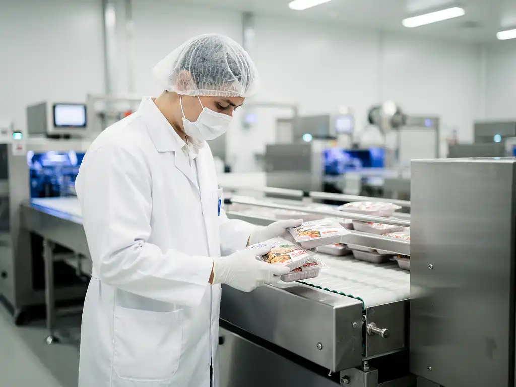 Techniker in weißer Schutzkleidung und Haarnetz prüft versiegelte Verpackungen an einer Edelstahl-Lebensmittelproduktionslinie.