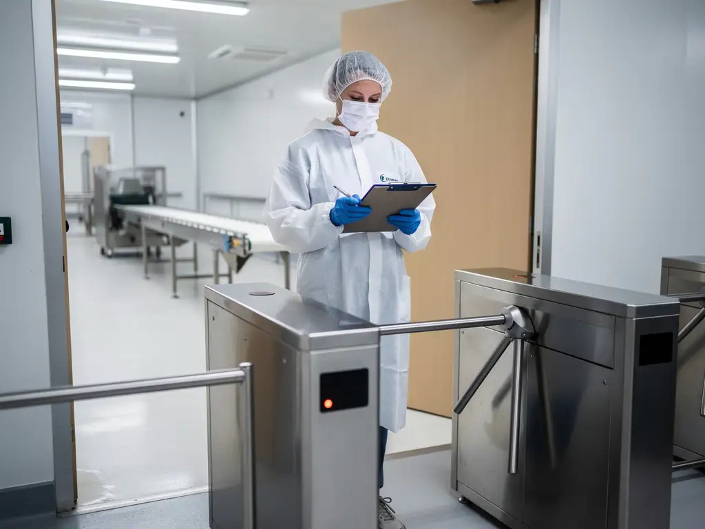 Mitarbeiter in Schutzkleidung prüft Besucherprotokoll auf Klemmbrett am Eingangsbereich einer Lebensmittelproduktionsanlage.
