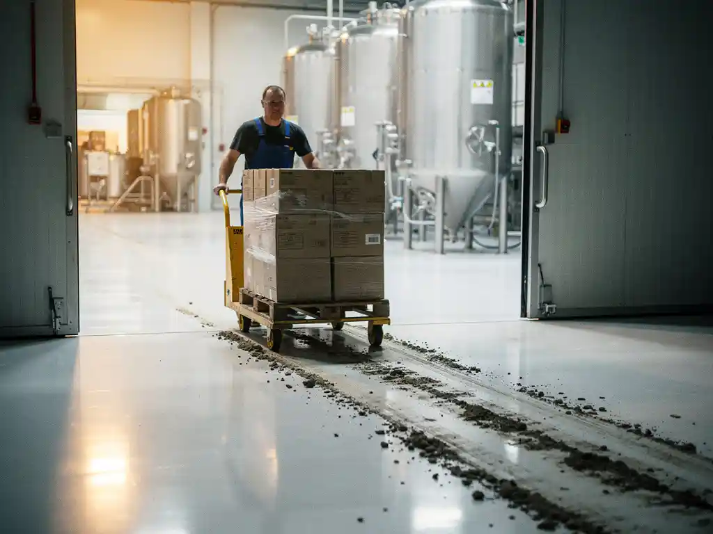 Lieferant schiebt beladene Ameise durch Industrietor in Lebensmittelproduktionshalle mit Edelstahlausrüstung und weißem Epoxidboden.