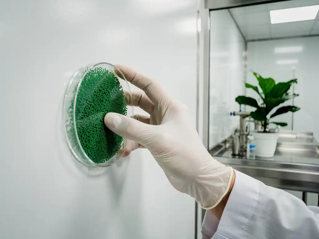 Gloved hand pressing a green microbial culture petri dish against a white cleanroom wall, stainless steel surfaces and potted plant visible nearby.