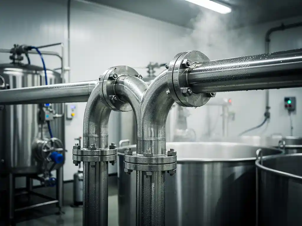 Edelstahl-Rohrleitungsverbindung mit Kondensationstropfen in einer industriellen Molkerei mit Dampf über offenen Tanks im Hintergrund.
