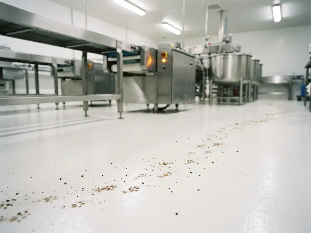 Mouse footprints trailing across a white epoxy food facility floor toward stainless steel processing equipment, with scattered debris particles.