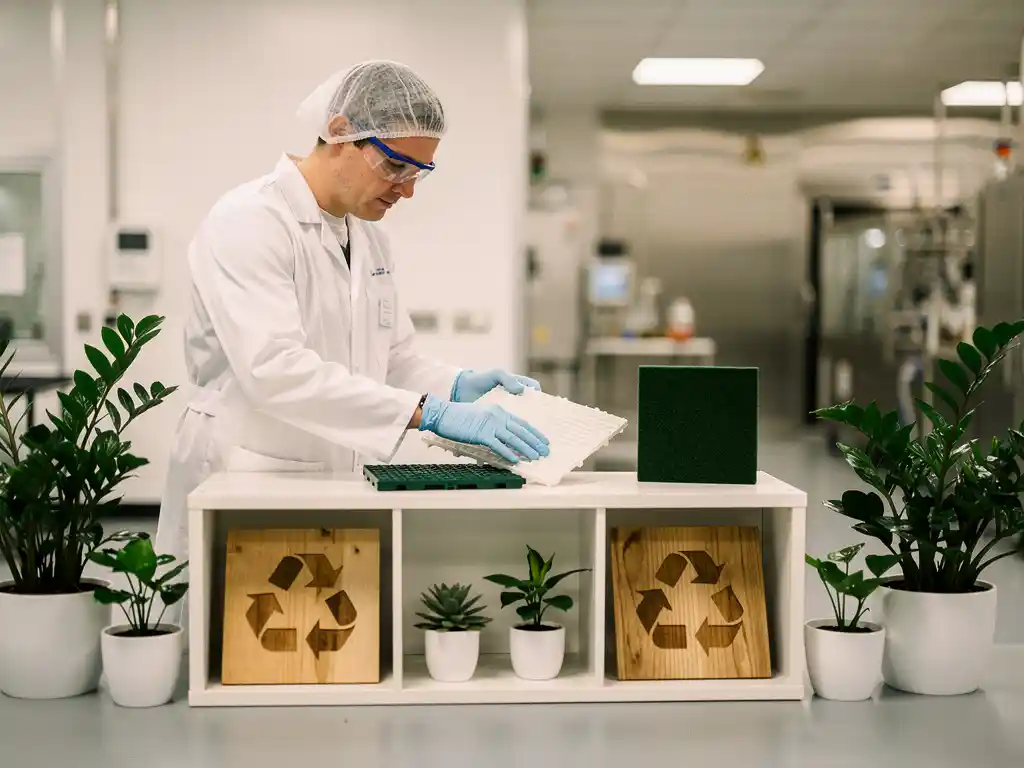 Pharmatechniker in weißem Laborkittel platziert wiederverwendbare Polymerfliese in Nachhaltigkeitsregal mit Grünpflanzen und Recyclingsymbolen.