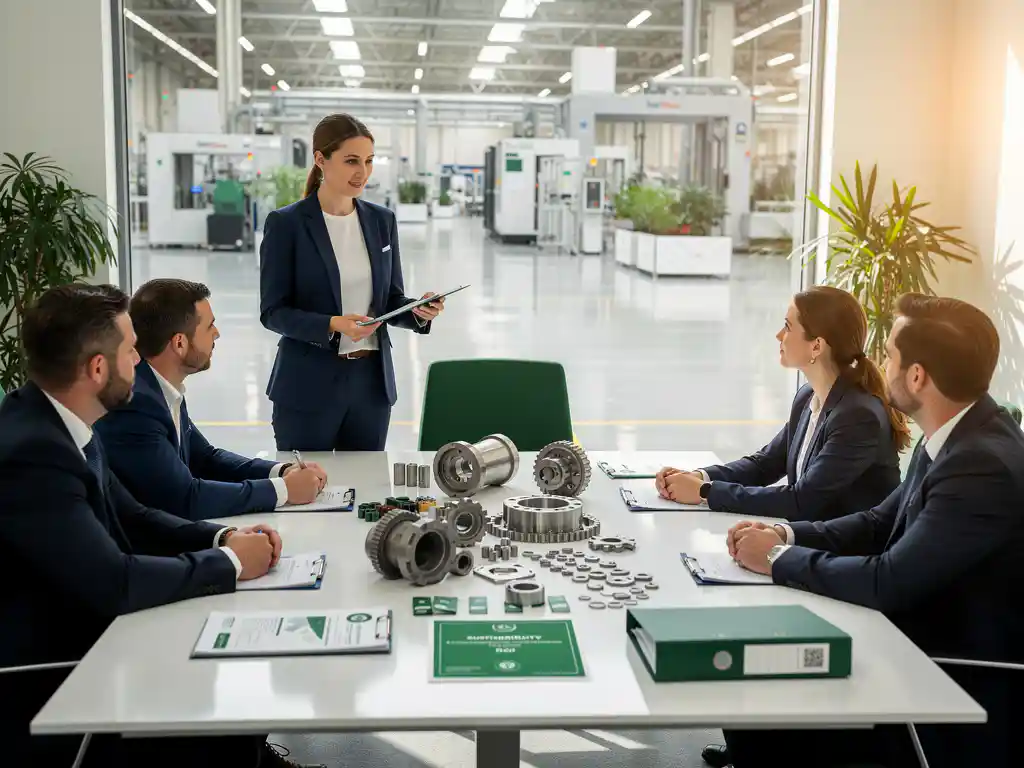 Procurement-Teamleiterin präsentiert Nachhaltigkeits-ROI-Bericht am Konferenztisch mit wiederverwendbaren Industriekomponenten und Zertifikaten.