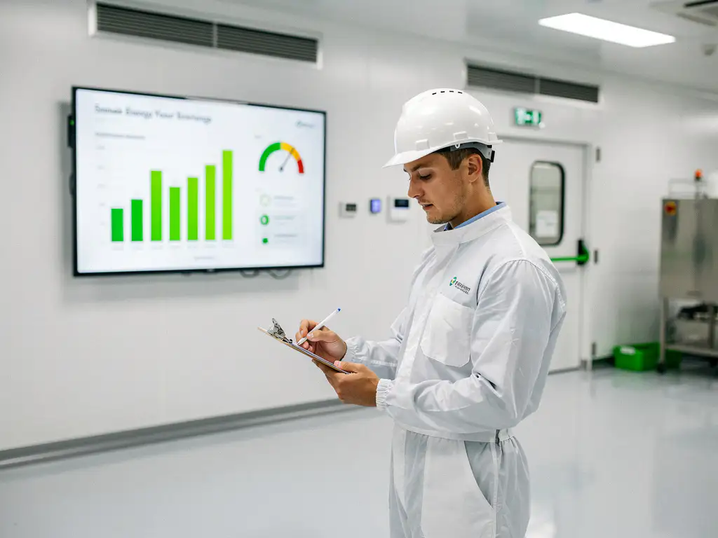Facility-Manager mit Schutzhelm prüft Nachhaltigkeitsbericht im pharmazeutischen Reinraum, Energiebewertungsdiagramme im Hintergrund.