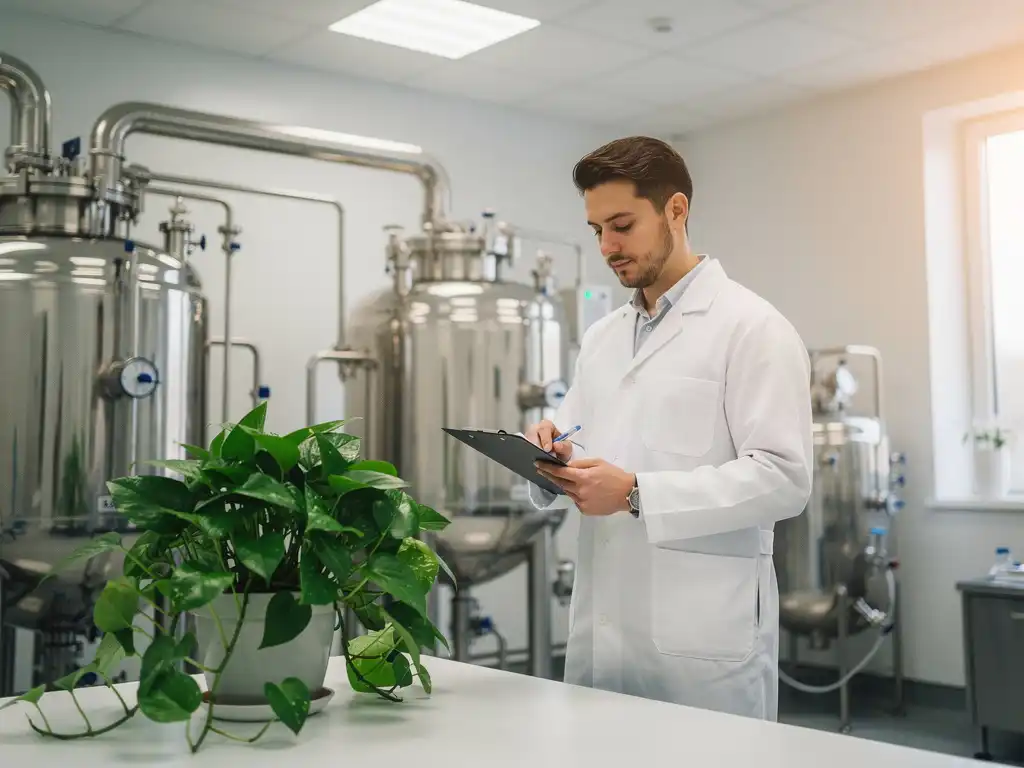 Wissenschaftlerin im Laborkittel prüft Nachhaltigkeitsbericht im Pharma-Reinraum neben Topfpflanze auf Edelstahl-Werkbank.