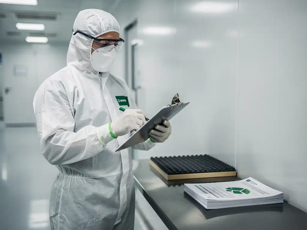 Facility-Manager in Reinraumkleidung prüft Nachhaltigkeitsbericht in pharmazeutischem Produktionskorridor mit ISO-Dokumenten und Polymerbodenprobe.