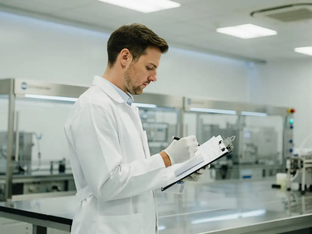 Pharmaceutical technician in white coat and sterile gloves reviewing measurement data clipboard inside a cleanroom facility.