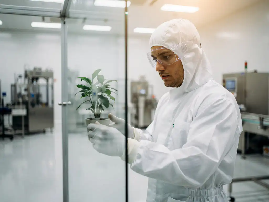 Gloved technician in white cleanroom suit inspecting stainless steel surface inside a pharmaceutical manufacturing facility.