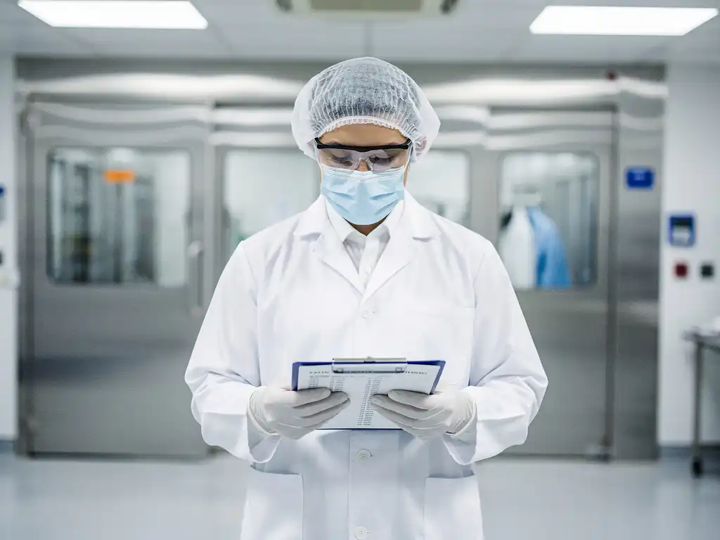 Quality technician in white coat reviewing compliance documents on clipboard inside a pharmaceutical cleanroom with stainless steel surfaces.