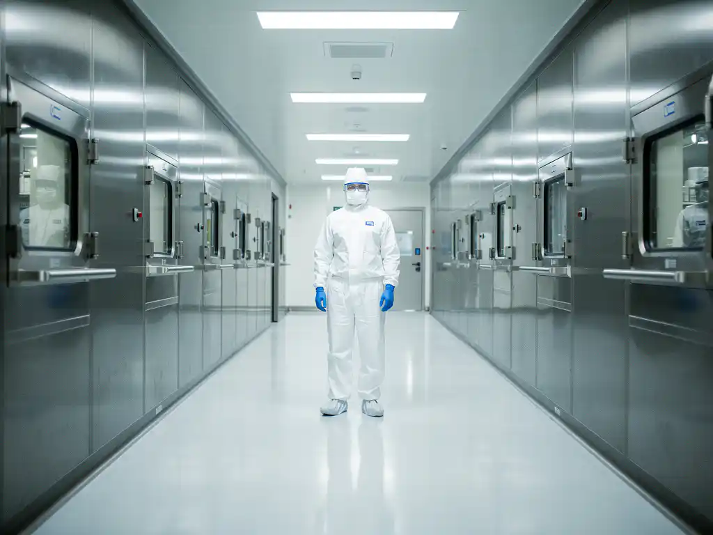 Gowned technician in white coveralls and blue gloves standing at a sealed doorway in a pharmaceutical cleanroom corridor with polished epoxy floors.