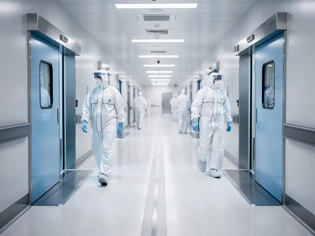 Pharmaceutical cleanroom corridor with gowned technicians moving through sterile zones separated by stainless steel thresholds and white epoxy floors.