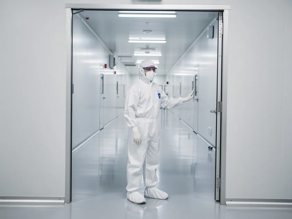 Pharmaceutical cleanroom corridor with white walls and polished epoxy floors, a technician in full cleansuit pausing at the entry threshold.