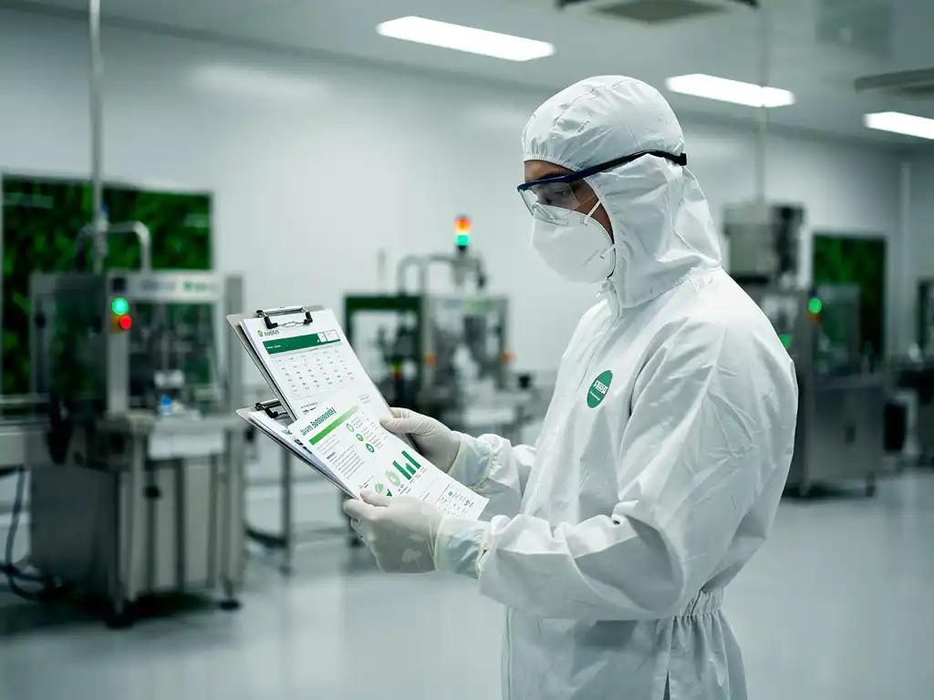 Facility manager in cleanroom attire reviewing a sustainability dashboard on a clipboard inside a pharmaceutical manufacturing floor.