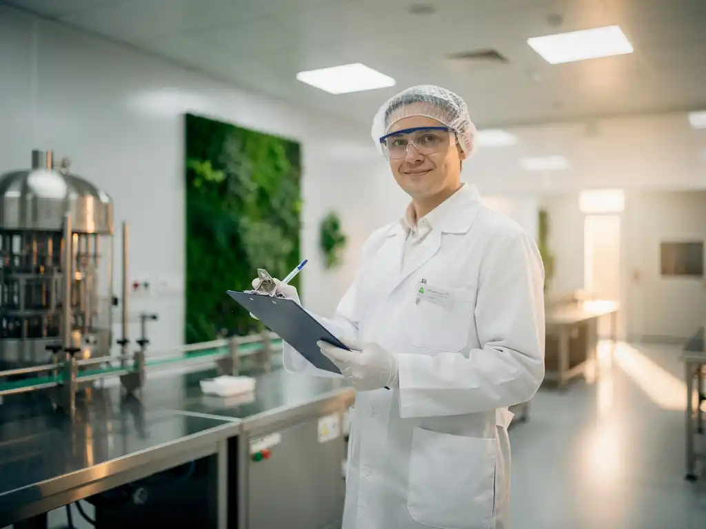 Facility manager reviewing sustainability report in a pharmaceutical cleanroom with stainless steel surfaces and green accent lighting.
