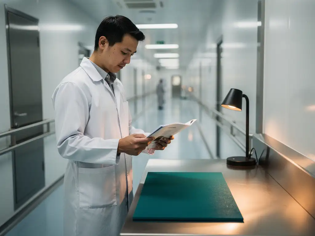 Procurement professional reviewing a sustainability report next to a teal reusable polymer floor sample in a pharmaceutical cleanroom corridor.