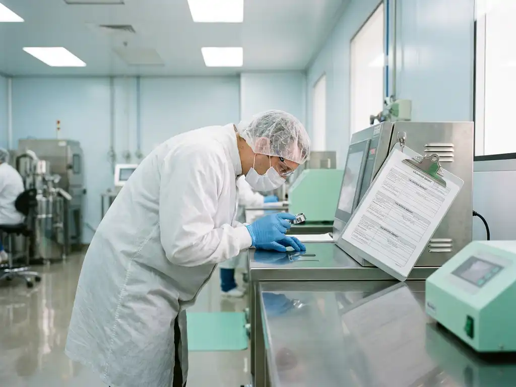 Gloved pharmaceutical technician in white lab coat inspecting sterile stainless steel surface in a cleanroom, validation clipboard nearby.