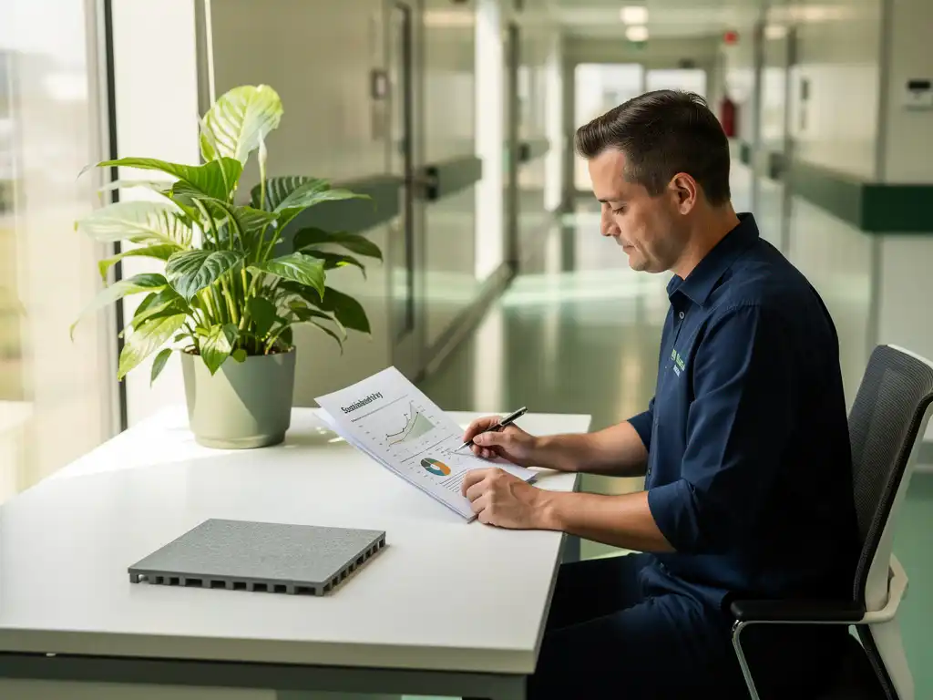 Pharmaceutical facility manager reviewing a sustainability report at a white desk with a potted plant and reusable polymer floor tile sample nearby.