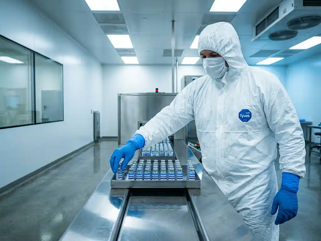 Pharmaceutical technician in white cleanroom suit transferring sealed vials along a stainless steel production line in a sterile facility.