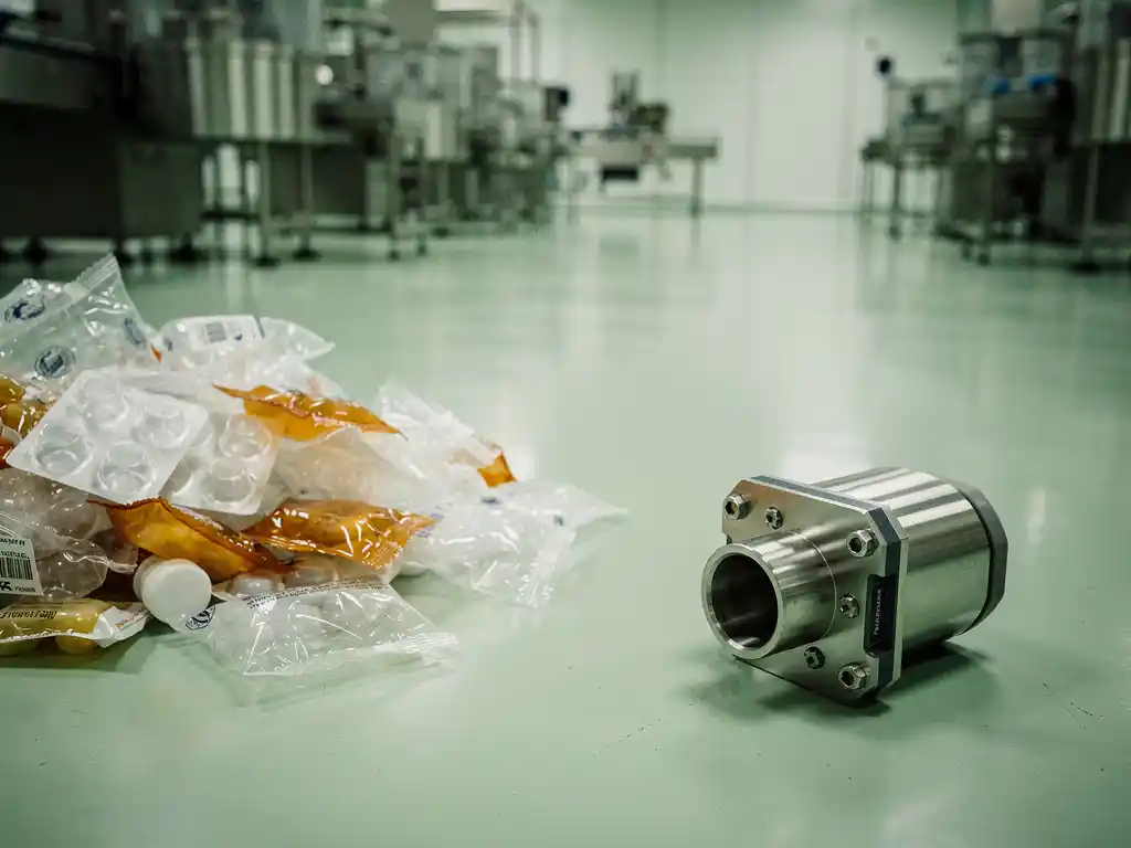 Crumpled single-use plastic packaging discarded on a pharmaceutical manufacturing floor beside a gleaming reusable industrial component.