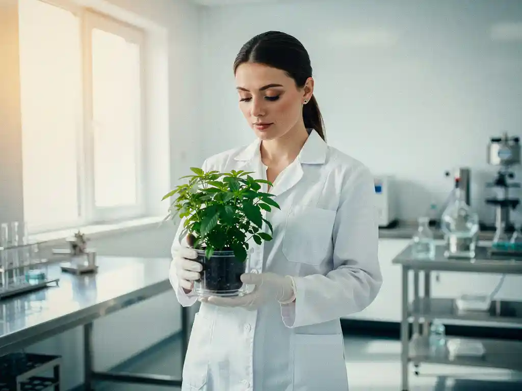 Scientist in white lab coat examining a green plant in a sterile pharmaceutical cleanroom with stainless steel surfaces and natural light.