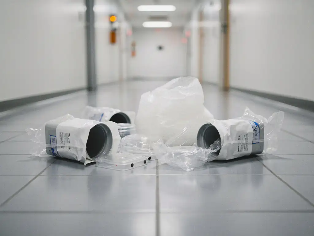 Single-use gloves, plastic wrap, and shrink-wrapped supplies scattered on a cleanroom floor highlighting overlooked lab plastic waste sources.
