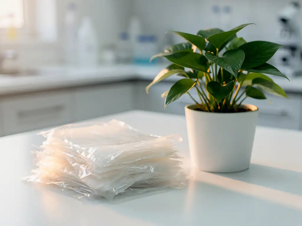 Discarded single-use plastic sticky mat sheets beside a thriving green potted plant on a white lab surface, symbolizing sustainable lab practices.
