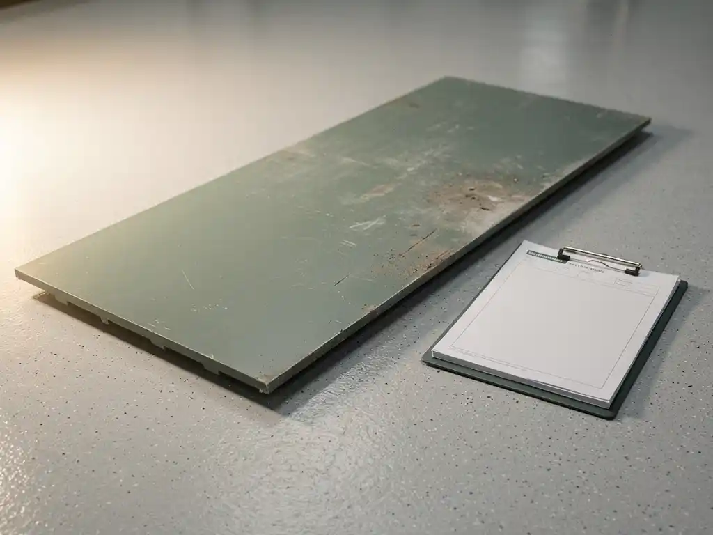 Heavy-duty polymer floor panel transitioning from pristine to aged beside a sustainability audit clipboard on a cleanroom concrete floor.