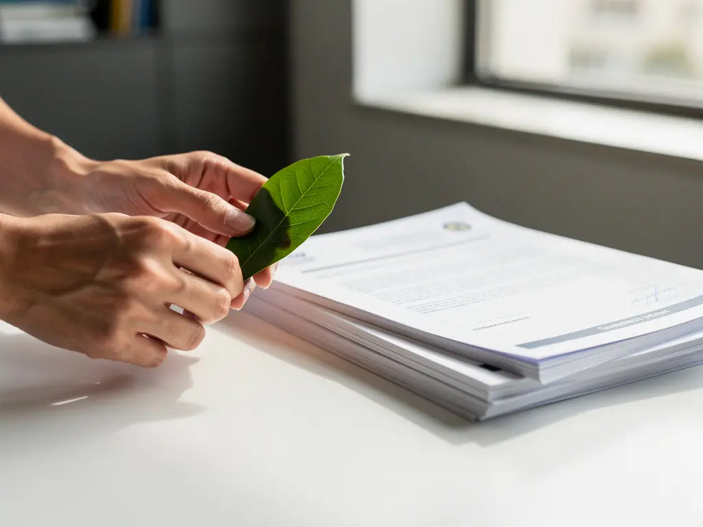 Procurement officer examining a green leaf beside certified supplier documents on a white desk in a modern office.
