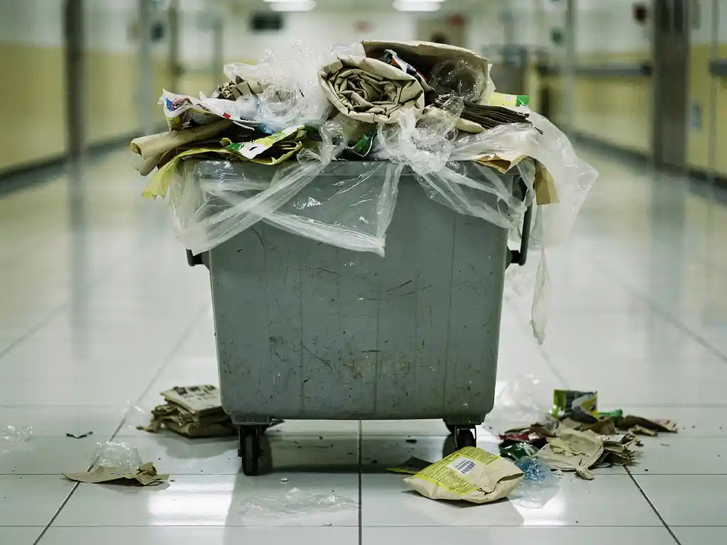 Überfüllter Industrieabfallbehälter mit zerknüllten Einweg-Klebematten und Schutzverpackungen auf einem Reinraumboden.