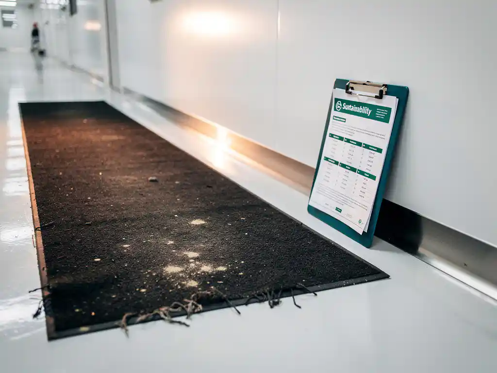 Abgenutztes Einweg-Klebeband neben langlebiger Polymer-Reinraumfliese mit Nachhaltigkeits-Klemmbrett an weißer Wand in sterilem Korridor.