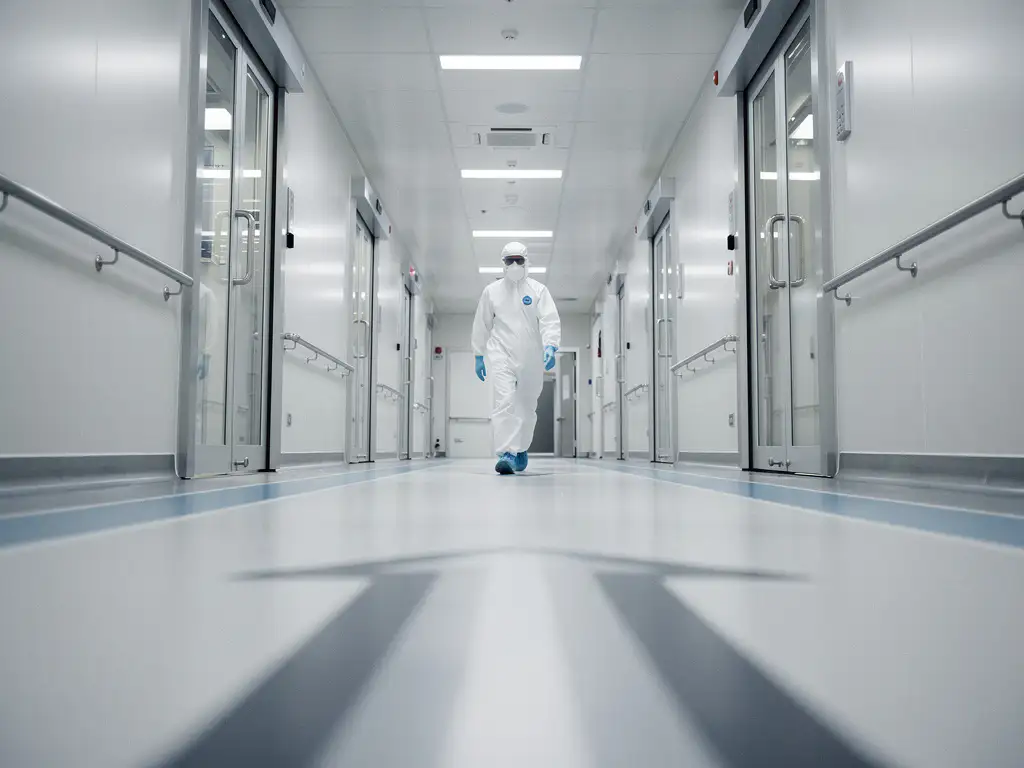 Techniker in Schutzkleidung geht durch einen sterilen Reinraum-Korridor mit Schleusenzonen und Bodenmarkierungen.