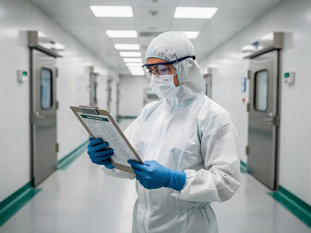 Pharmazeutischer Techniker im Reinraumanzug prüft Compliance-Checkliste auf Edelstahl-Klemmbrett in sterilem Reinraumkorridor.