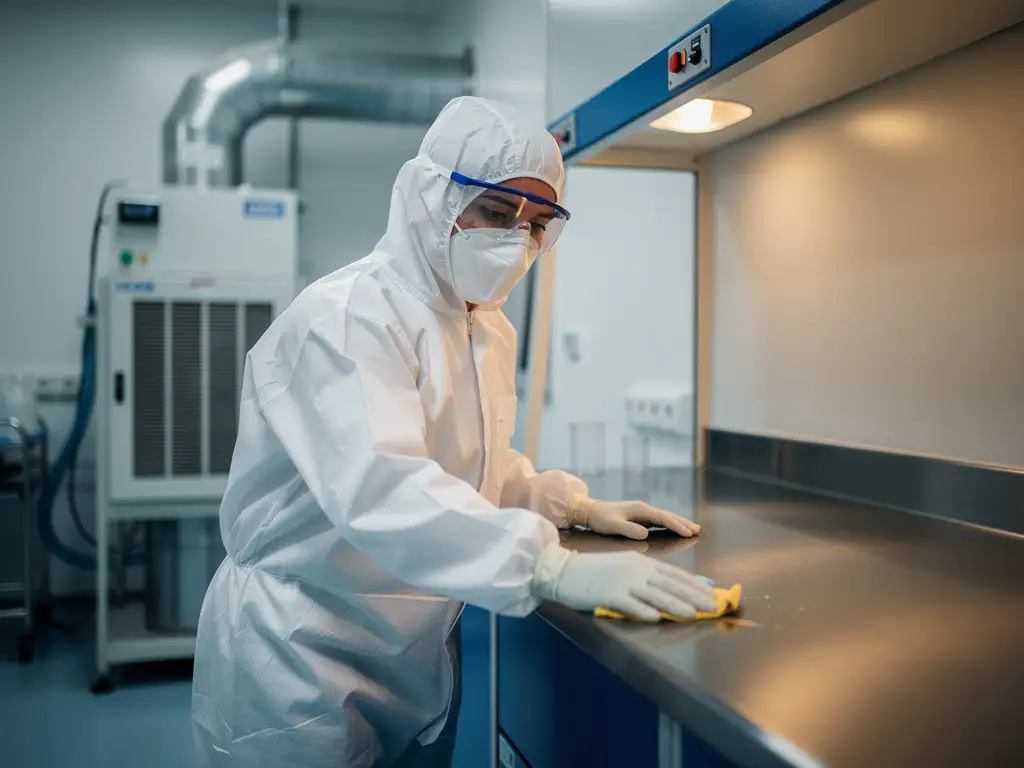 Reinraumtechniker in weißem Schutzanzug desinfiziert Edelstahloberfläche in pharmazeutischem Reinraum mit Luftfilteranlage im Hintergrund.