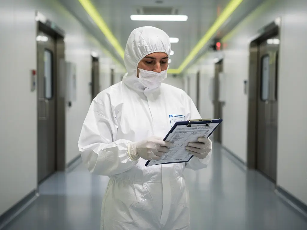 Reinraum-Techniker in weißem Schutzanzug prüft Inspektionsdokumente auf Klemmbrett in pharmazeutischem Produktionskorridor.