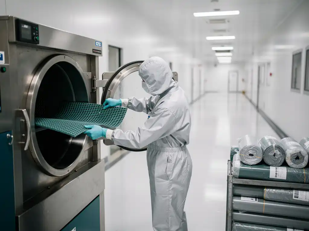 Reinraum-Techniker in Handschuhen legt wiederverwendbare Polymerbodenmatte in Industriewaschanlage; Entsorgungsbehälter mit Kleberollenabfall im Hintergrund.