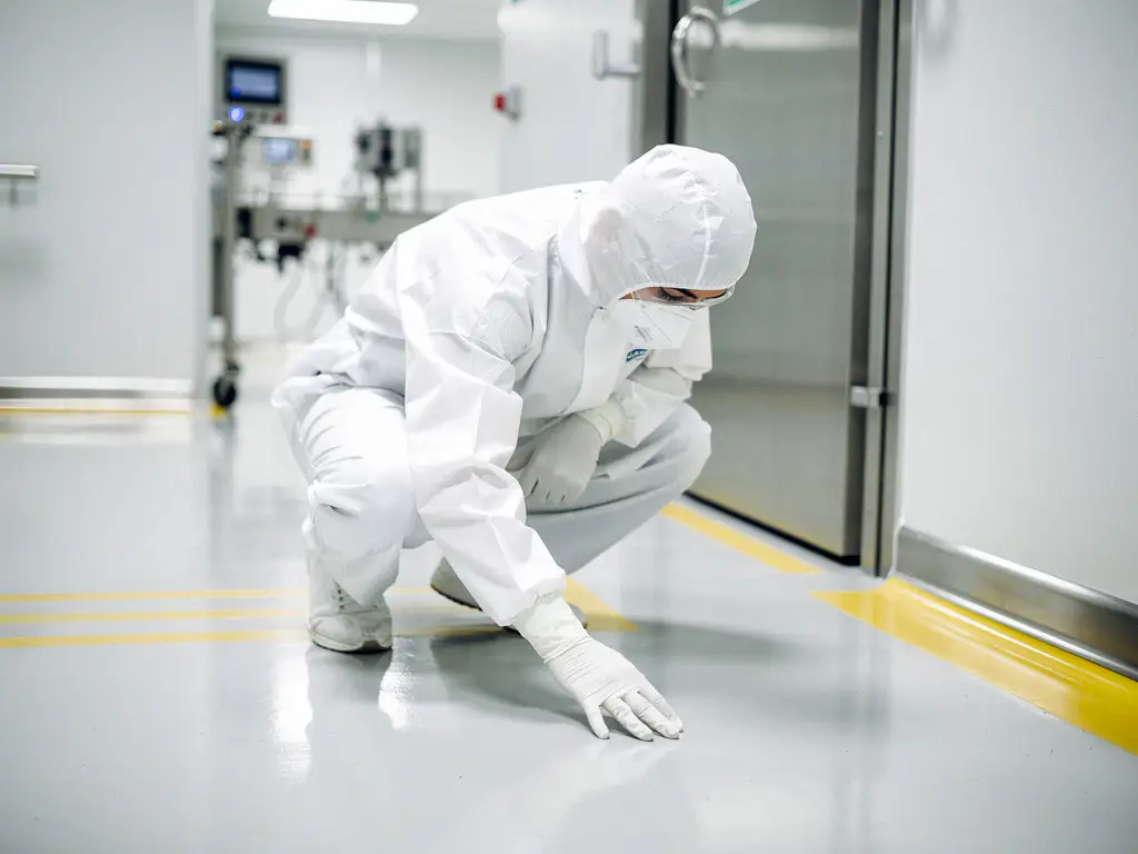 Pharmatechniker in weißer Schutzkleidung und Handschuhen inspiziert den Boden eines sterilen Reinraums mit Edelstahlausstattung.