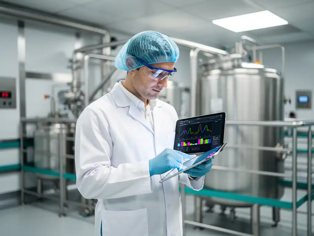 Reinraumtechniker im weißen Laborkittel prüft Partikelzähldaten auf einem Tablet in einer pharmazeutischen Reinraumanlage.