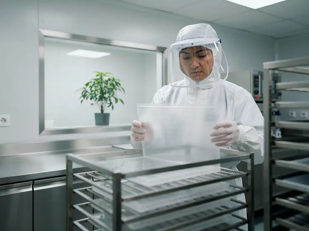 Scientist in white cleanroom suit placing reusable polymer panel into sterile storage rack, green plant visible through window.