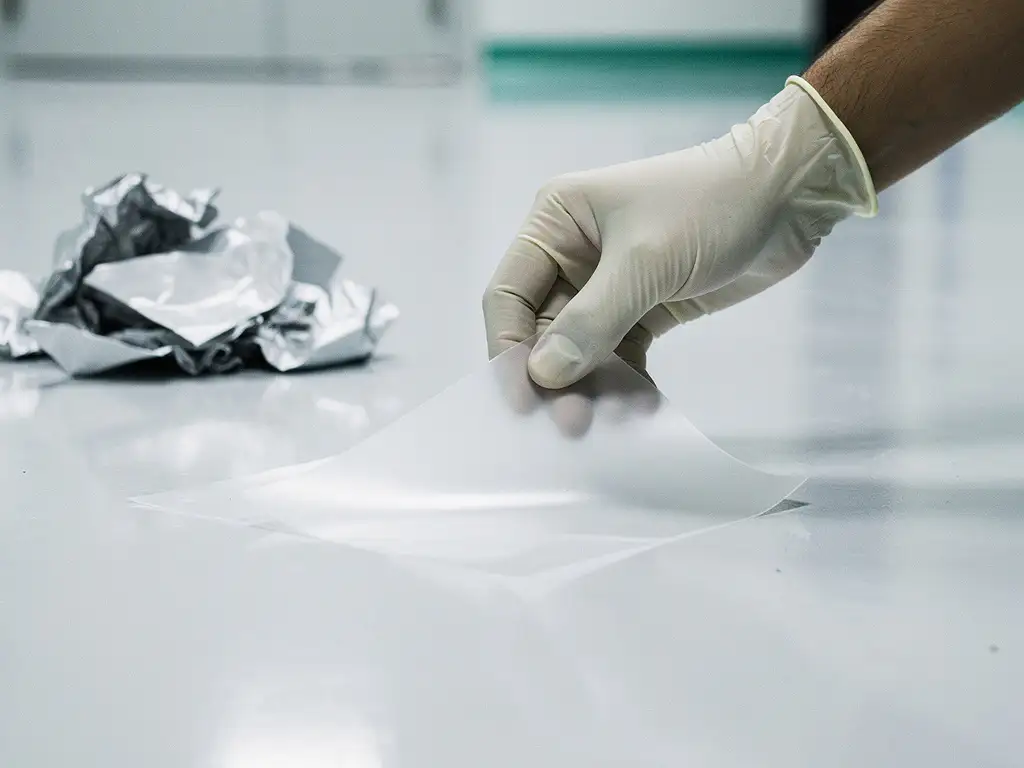 Gloved hand placing a reusable polymer cleanroom floor sheet beside discarded single-use sticky film sheets in a sterile white facility.