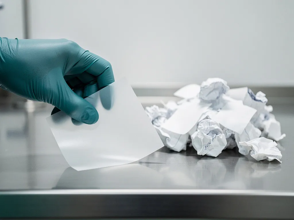 Gloved hand placing a flat reusable polymer sheet next to crumpled disposable sticky sheets on a stainless steel lab surface.