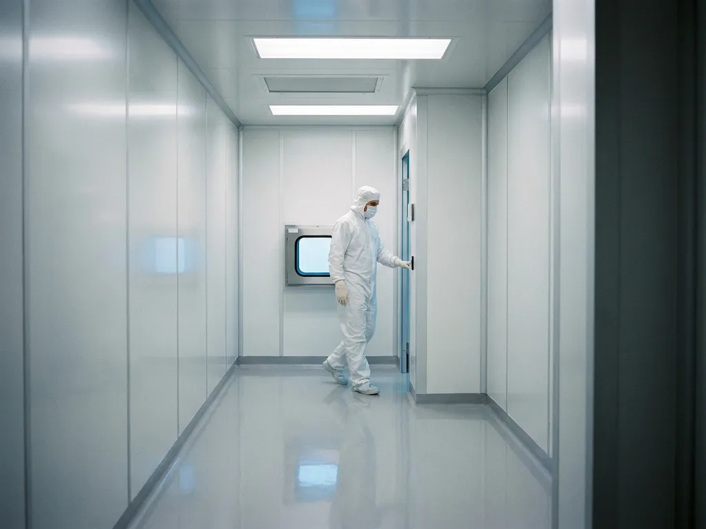 Scientist in white lab coat walking through a sterile cleanroom airlock corridor with polished epoxy floors and fluorescent lighting.
