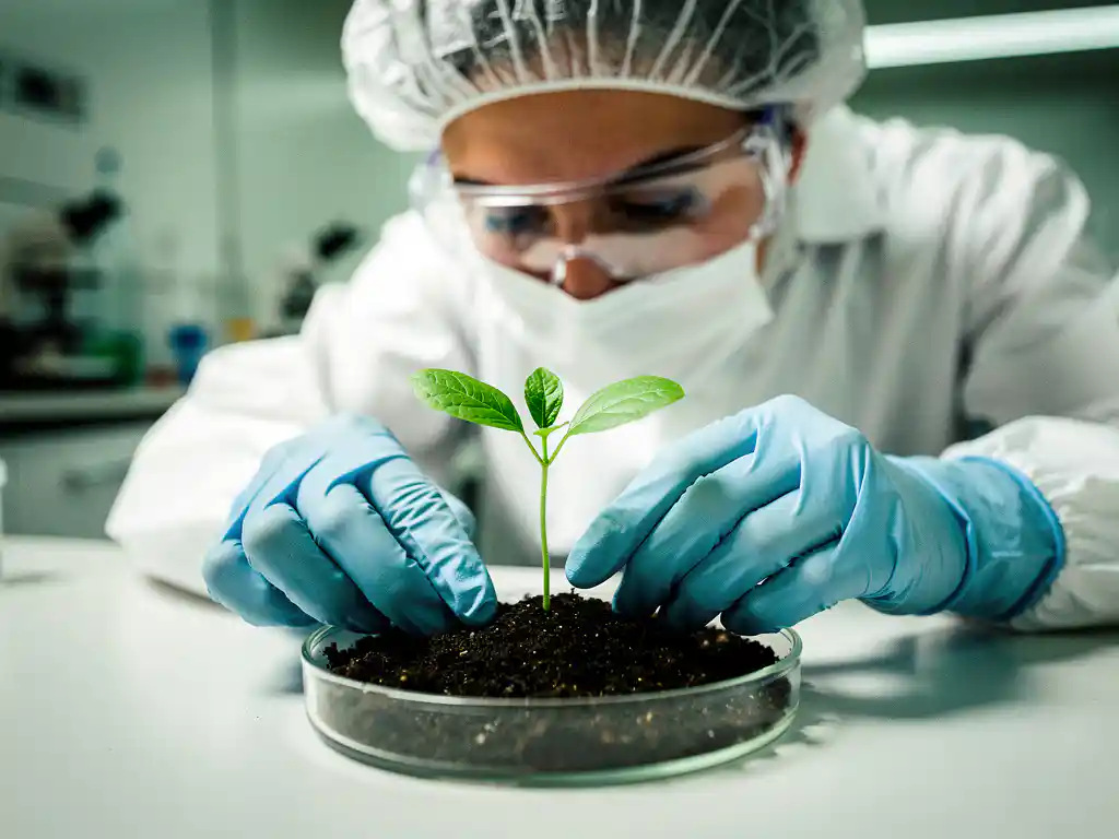Scientist in cleanroom suit examining a small green seedling growing from dark soil on a white laboratory bench.