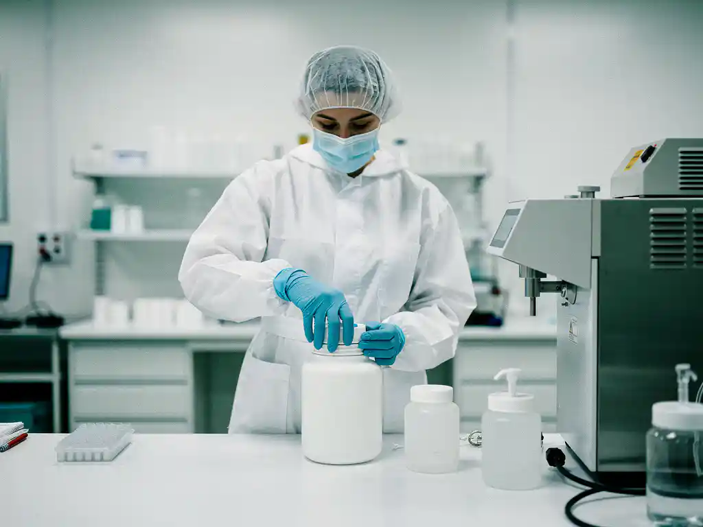 Scientist in cleanroom gown refilling a reusable lab container from a bulk dispenser on a sterile white bench.