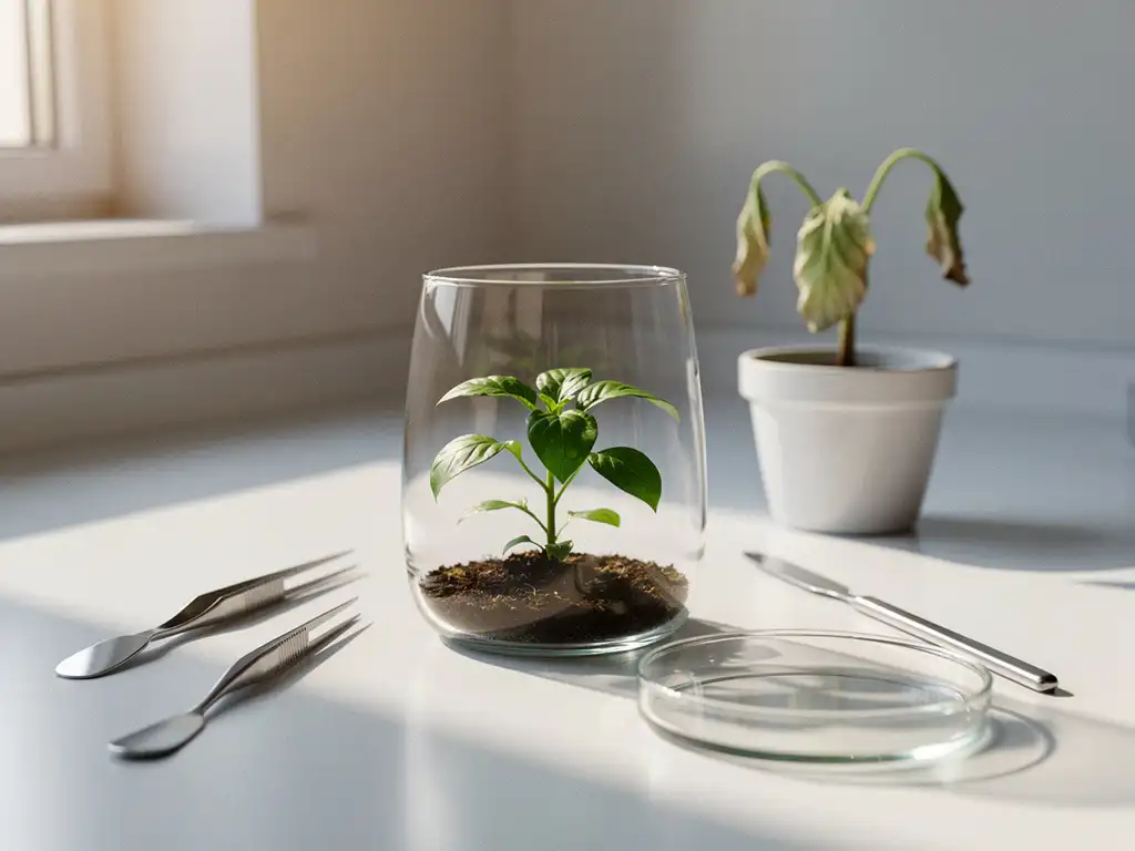 Healthy green seedling in a glass terrarium on a white lab bench, with a wilted seedling in a ceramic pot in the background.