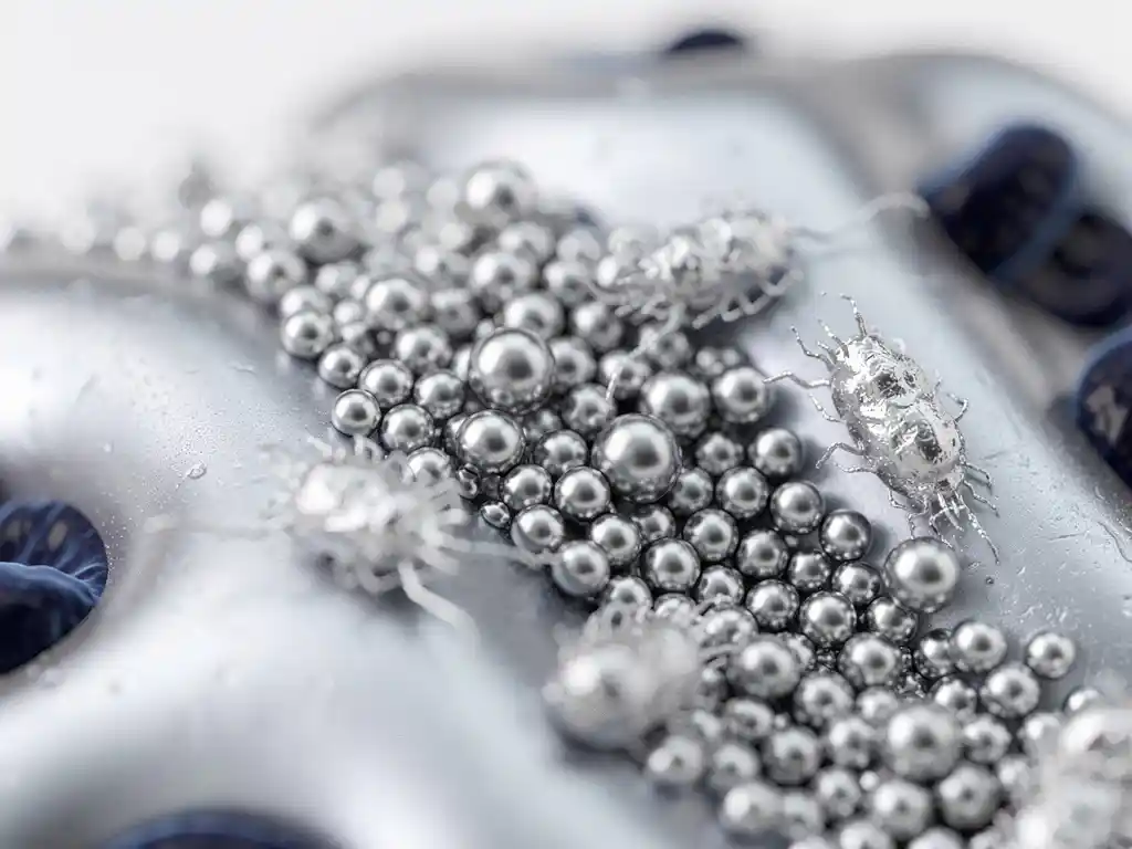 Silberionen als metallische Mikrosphären in Polymeroberfläche eingebettet, Bakterienzellen zerfallen bei Kontakt, Makroaufnahme.
